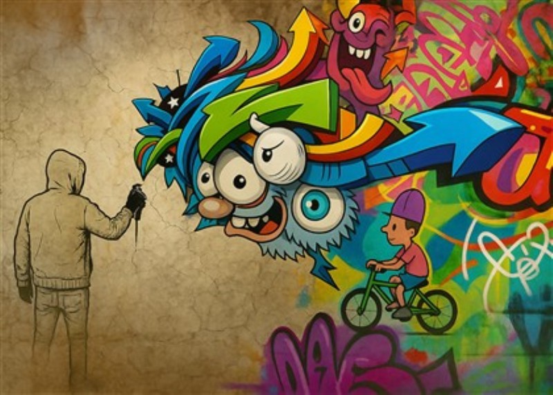 Farverig Graffiti Magi - Dyk ind i en verden af farver med dette livlige graffiti-værk, der kombinerer skæve figurer med en kraftfuld spraymalers heltemod. En perfekt energisk tilføjelse til dit hjem, der vil inspirere kreativitet og leg.