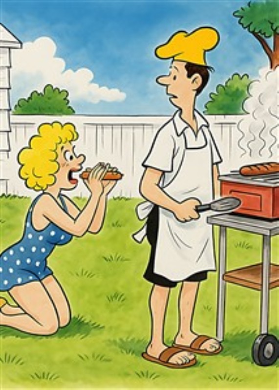 Grillfestens Sjov og Leg - Oplev den skønne humor ved en grillfest, hvor en kvinde i badetøj ivrigt beder om lækker mad fra grillen. Denne farverige illustration bringer liv og glæde ind i dit hjem og skaber en afslappet stemning.