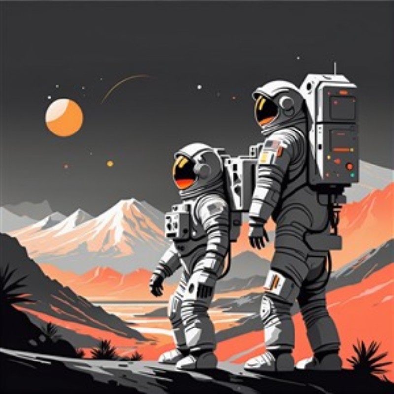 Eventyr i Rummet: Astronauter på En Fantastisk Planet - Oplev det spændende univers med denne farverige plakat af to astronauter, der beundrer en fremmed planet. Den vil skabe en drømmende atmosfære i dit hjem, perfekt til rumfartsentusiaster og kommende astronauter.