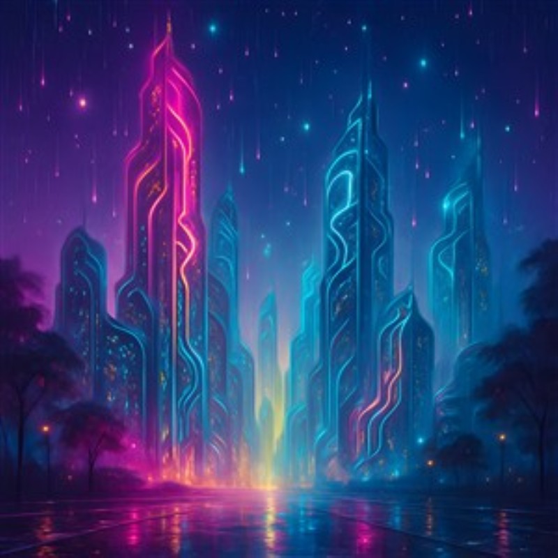 Neonfantasi: En futuristisk bydrøm - Oplev den fortryllende skønhed i en neonbelyst by med skyskrabere, der stråler under en stjernehimmel. Denne kunstværk bringer en moderne atmosfære ind i dit hjem og vil helt sikkert fange opmærksomheden hos dine gæster.