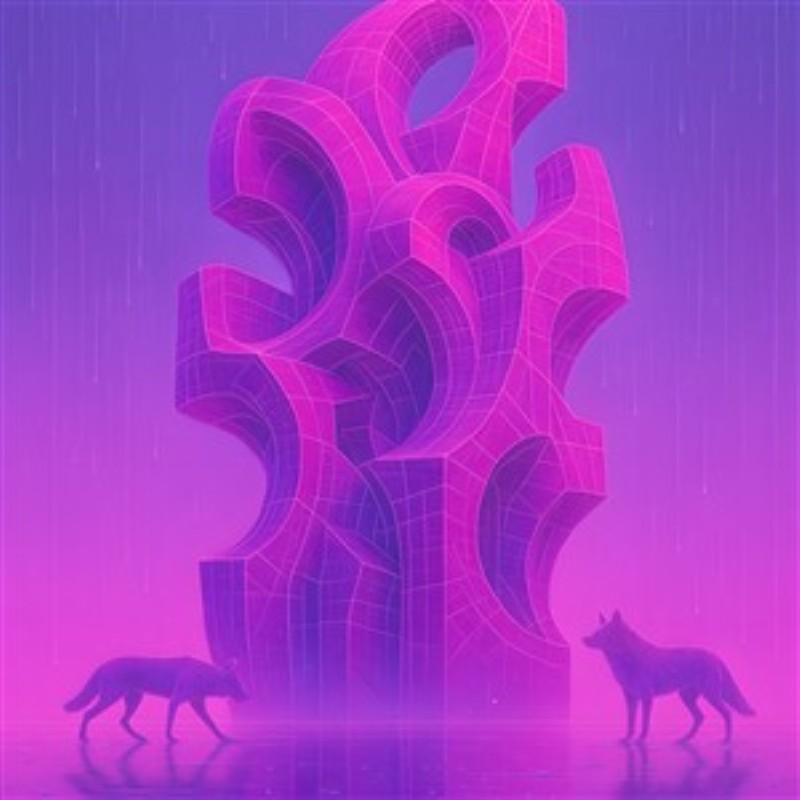 Futuristisk Neon Skulptur med Dyr - Dyk ind i en drømmende verden med denne abstrakte skulptur i strålende pink og lilla nuancer. De unikke geometriske former og de to mystiske dyr giver en magisk atmosfære, perfekt til at skabe liv i dit rum.