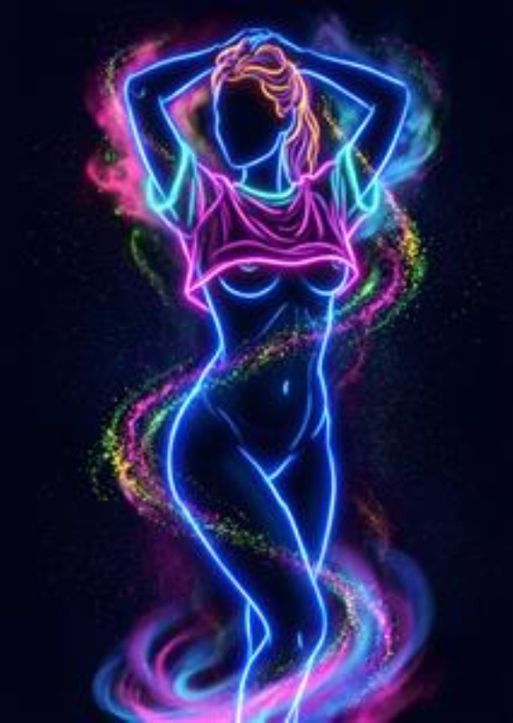 Neon Drøm: Illumineret Skønhed - Oplev den fascinerende kombination af lys og kunst med denne neonlys illustration. Den nøgen skikkelse, klædt i en neonpink t-shirt, viser en dristig og moderne æstetik, perfekt til at skabe en livlig stemning i dit hjem.
