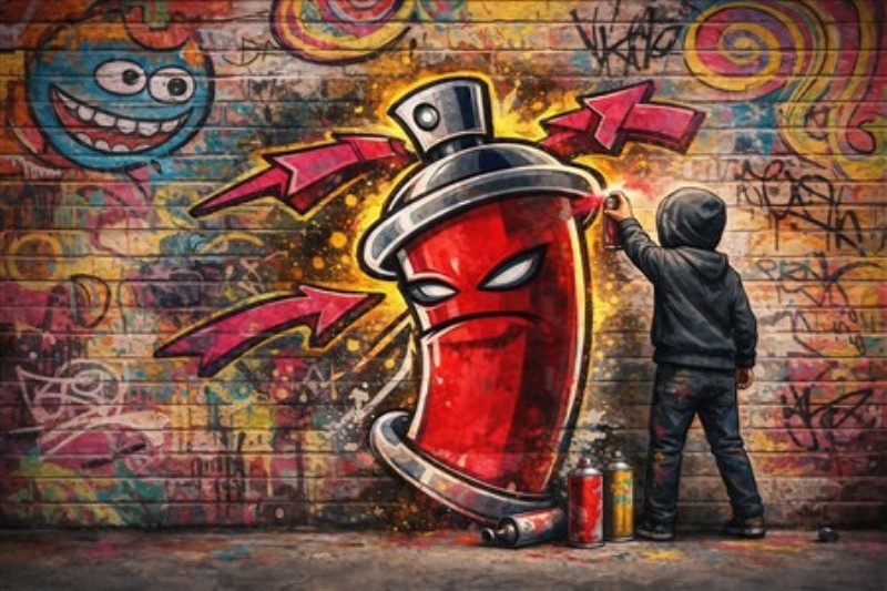 Dristig Spraydåse: Urban Energi - Oplev den pulserende energi fra gaden med denne fantastiske plakat, hvor en graffitimaler bringer liv til en farverig væg. Det dristige design med den ikoniske spraydåse giver liv til ethvert rum og tilføjer en urban flair til din indretning.