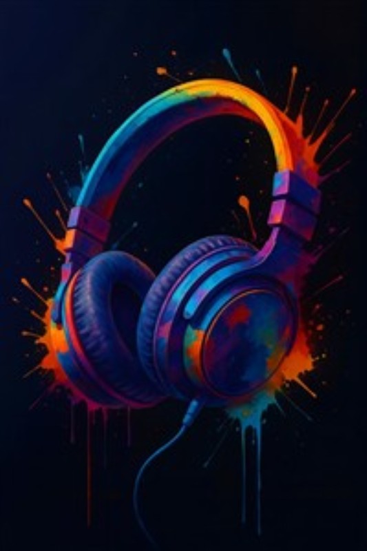 Farverig Musikoplevelse i Hjemmet - Oplev den livlige verden af musik med denne farverige plakat, der fanger essensen af kreativitet og glæde. Hovedtelefonerne, omfavnet af sprøjtende farver, tilføjer et dynamisk præg til ethvert rum.