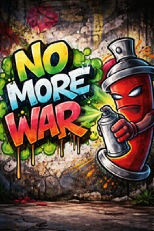 Stop Krigen - Farverig Graffiti Kunst - Oplev det dynamiske budskab i denne farverige graffiti, der siger 'No More War'. Med en livlig spraydåse, der sprayer levende nuancer, tilfører dette kunstværk energi og en positiv besked til dit hjem.
