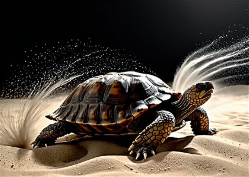 Sandstormens Skildpadde - Oplev det magiske øjeblik, hvor en skildpadde bevæger sig gennem den gyldne sandørken og kaster sand op omkring sig. Dette fantastiske motiv bringer liv og dynamik ind i dit rum, perfekt til at skabe en eventyrlig atmosfære.