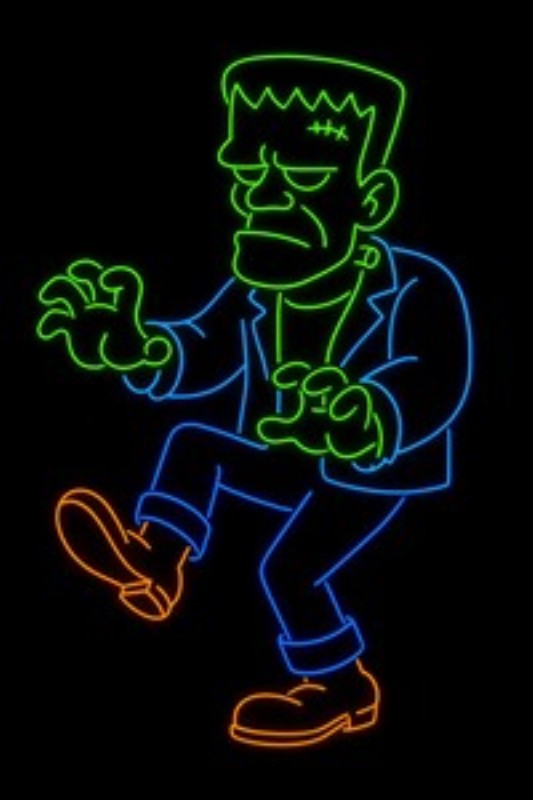 Neon Frankenstein i Bevægelse - Oplev en livlig neonillustration af en ikonisk Frankenstein-figur, der træder frem med en energisk charme. Denne iøjnefaldende vægkunsten bringer liv og sjov til dit hjem, perfekt til enhver godhjertet skrækfan.