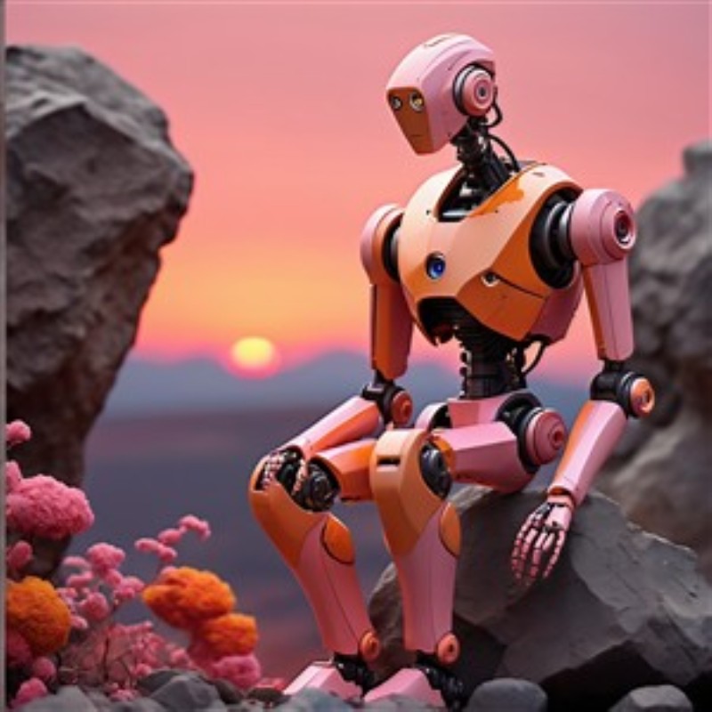 Robotisk Ro ved Solnedgang - Oplev den betagende skønhed af en robot, der sidder på en klippe og nyder en farverig solnedgang. Dens pink og sorte detaljer i harmoni med de blomsterfyldte omgivelser skaber en drømmende atmosfære, perfekt til at inspirere kreative sind.
