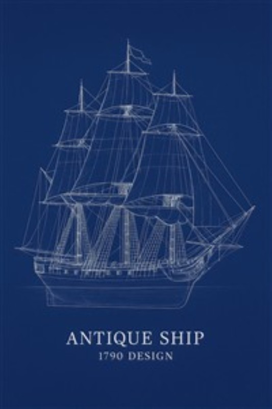 Elegant Antik Skib fra 1790 - Oplev det imponerende design af et antikt skib fra 1790, prydet med en dyb blå baggrund. Denne illustration tilfører et strejf af maritim historie og elegance til dit hjem.