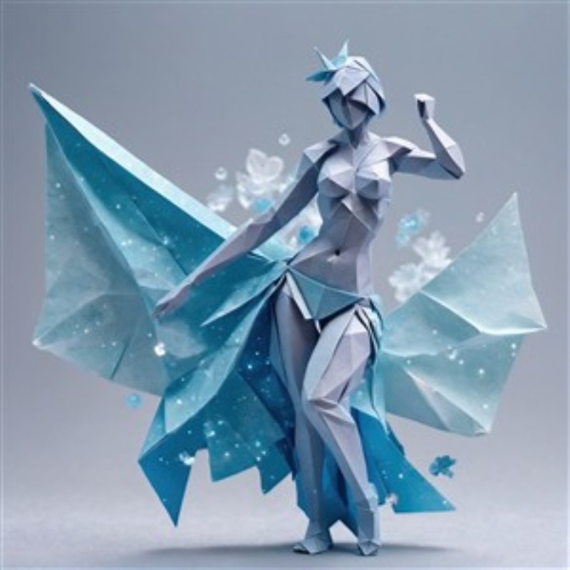Blå Origami Danser i Skønhed - Oplev skønheden ved en origami-danser, der fanger blikket med sine nuancer af blå og detaljerede folder. Den yndefulde figur er prydet med blomster, hvilket skaber en let og drømmende atmosfære i dit hjem.
