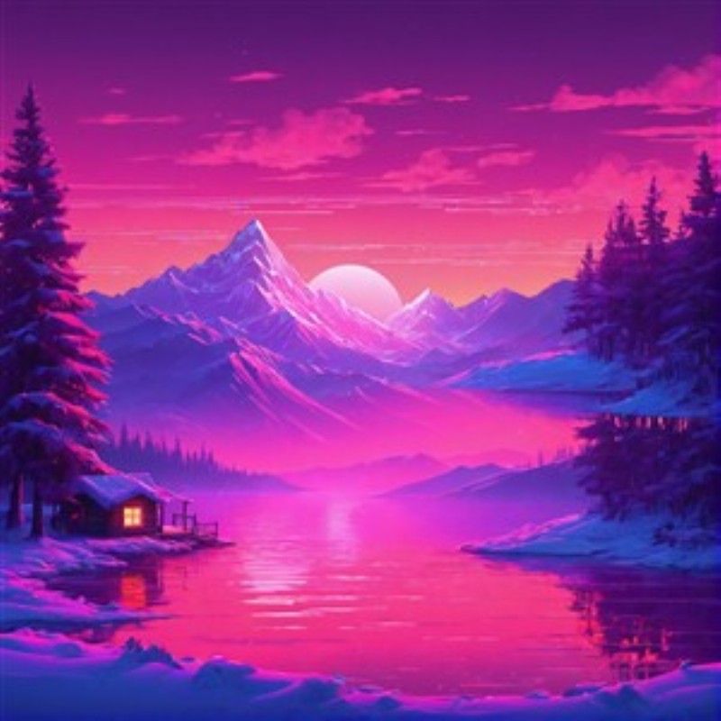 Magisk bjerglandskab ved solnedgang - Oplev et drømmende bjerglandskab, hvor solens nedgang kaster varme nuancer af pink og lilla over sneklædte bjerge og en idyllisk hytte. Dette farverige motiv skaber en fredfyldt atmosfære i ethvert rum.