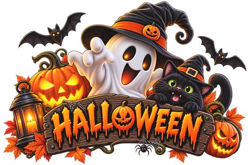 Halloween med spøgelse, kat og græskar