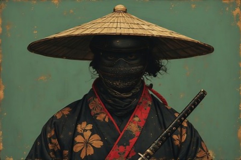 Samuraiens Stilhed: Katanas i Fokus - Oplev kraften og mystikken i denne imponerende samurai, der bærer en traditionel hat og maske. Med sin katana holder han et stærkt udtryk, der tilføjer en dramatisk atmosfære til ethvert rum.