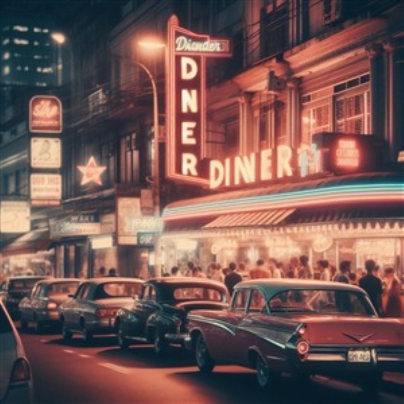 Retro Diner Vibes fra 50'erne - Oplev den livlige atmosfære fra 1950'ernes diner-scene med vintage biler og strålende neonskilt. Dette billede indfanger essensen af en tid, hvor stil og festlighed gik hånd i hånd.