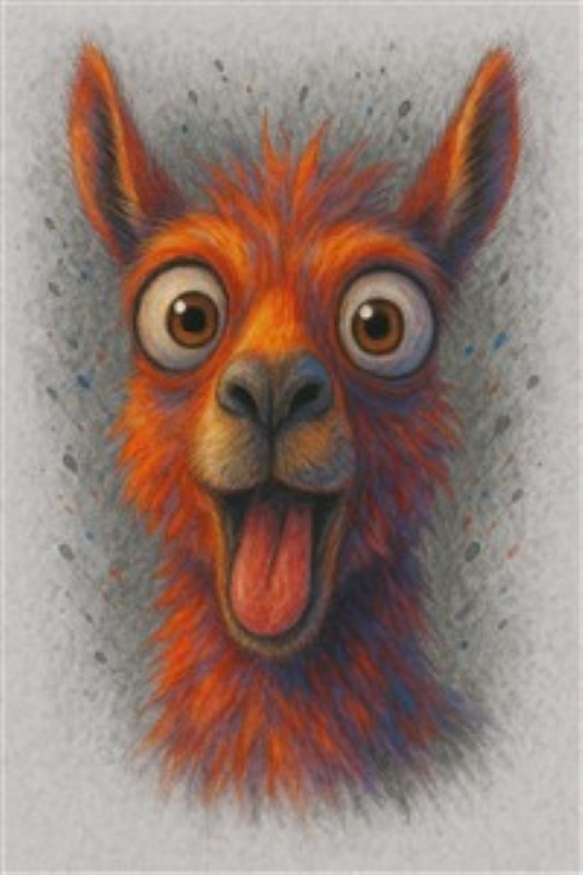 Glædeslama i Farverig Pels - Oplev glæden med denne sprudlende tegning af en lama med livlig orange pels. Med sine store, nuttede øjne bringer den et smil og en varm atmosfære ind i ethvert rum.