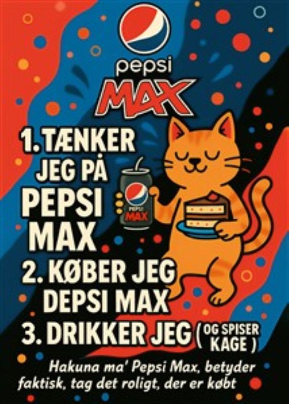 Pepsi Max Kat – Farverig og sjov reklamekunst - Oplev den livlige Pepsi Max kat! Denne farverige illustration bringer et smil frem med sin søde kat, der nyder Pepsi Max og lækker kage. Perfekt til at tilføje en sjov og sjov vibe til dit rum.