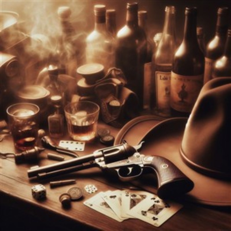 Nostalgisk Vild Vest Stemning med Revolver og Kort - Oplev den autentiske atmosfære fra det vilde vesten med denne betagende illustration. En revolver, spillekort og whiskyflasker skaber en perfekt ramme for en nostalgisk rejse tilbage i tiden.