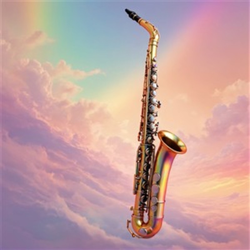 Magisk Saxofon i Skyernes Verden - Oplev den magiske atmosfære med denne farverige saxofon, der svæver mod en drømmeagtig himmel. Dette kunstværk fremkalder en følelse af kreativitet og musikalsk glæde, perfekt til at lyse dit rum op.