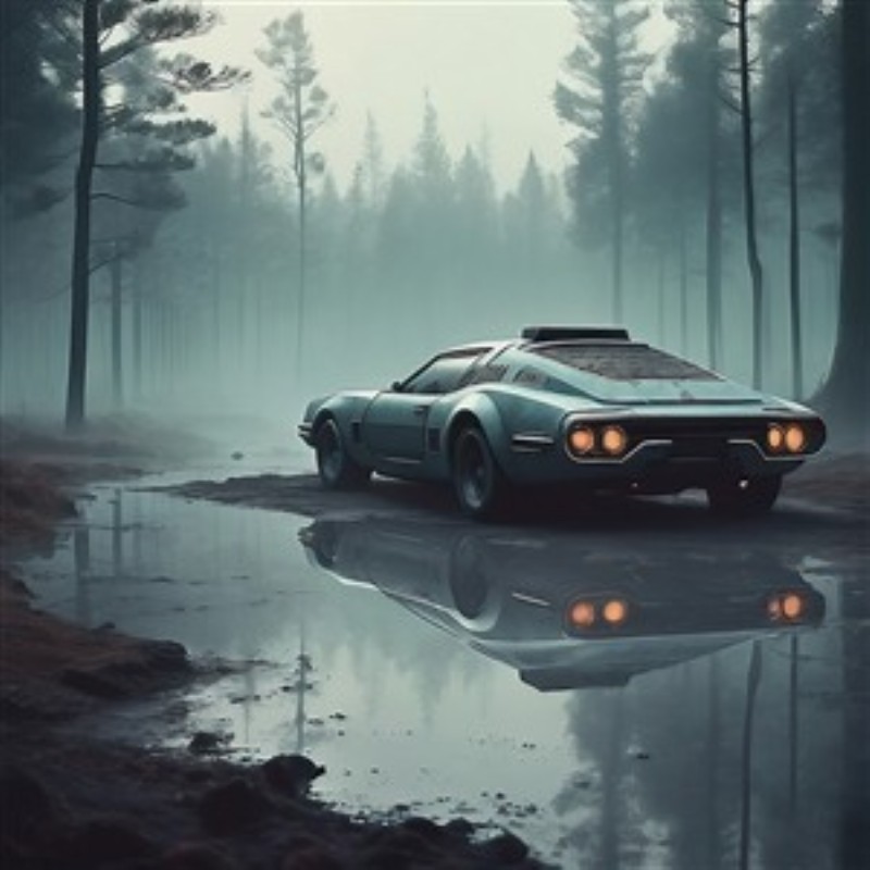 Futuristisk Kørsel i Tåget Skov - Oplev den futuristiske skønhed af en bil fanget i et mystisk skovlandskab. Den stille vandpyt reflekterer bilens elegante linjer, mens tågen skaber en drømmende atmosfære, perfekt til moderne rum.