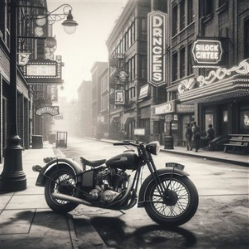 Klassisk Motorcykel i Retro Bybillede - Oplev charmen ved en tidløs motorcykel parkeret på en stille gade, omkranset af vintage teatre. Dette sort-hvide kunstværk indfanger essensen af en svunden tid og tilføjer en nostalgisk stemning til dit hjem.