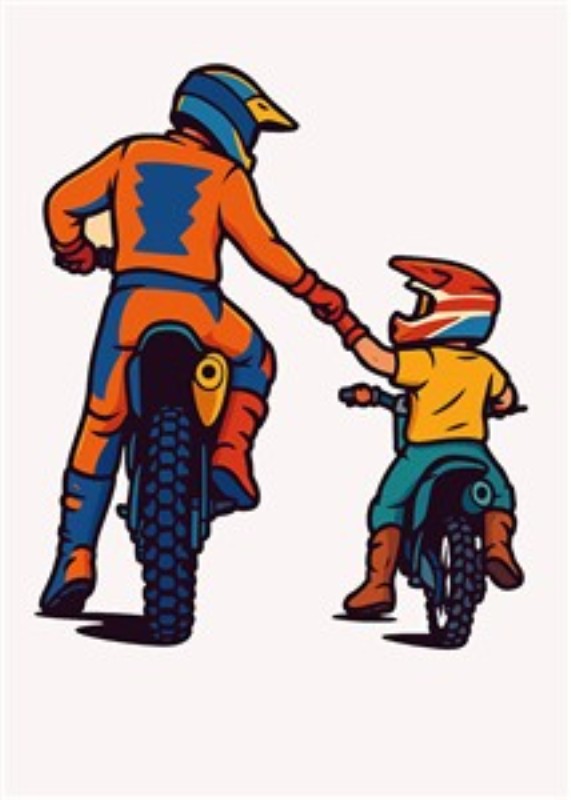 Far og søn på eventyrlig motorcykeltur - Fang essensen af lykke med dette skønne motiv af en far og hans søn, der deler et helt særligt moment på motorcykeltur. Den livlige farver og den varme komposition skaber en følelse af eventyr og nærhed, perfekt til ethvert rum!