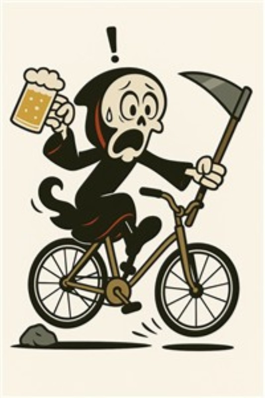 Skelet på Cykel med Øl – Humoristisk Kunst - Oplev denne sjove illustration af et skelet, der kejtet cykler med en øl i hånden. Perfekt til at tilføje en let og underholdende stemning til dit hjem.