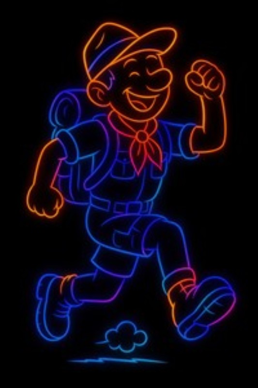 Neonfarvet Glad Vandrer - Oplev den sprudlende energi i denne fantasifulde illustration af en glad vandrer med rygsæk. Den neoninspirerede kunst bidrager med livlighed og glæde til dit hjem og fanger essensen af eventyrlyst.