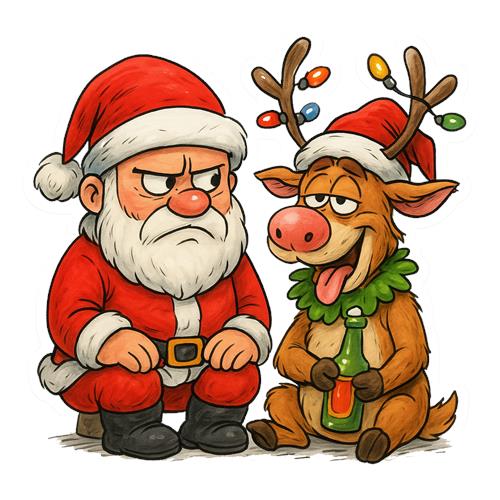 Julestemning med en sur julemand og en sjov rensdyr